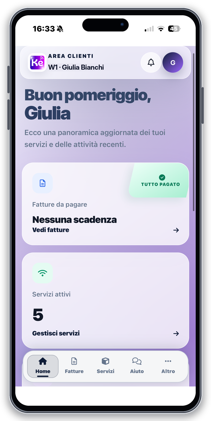 Homepage reale di ISP APP in una cornice iPhone 15 Pro