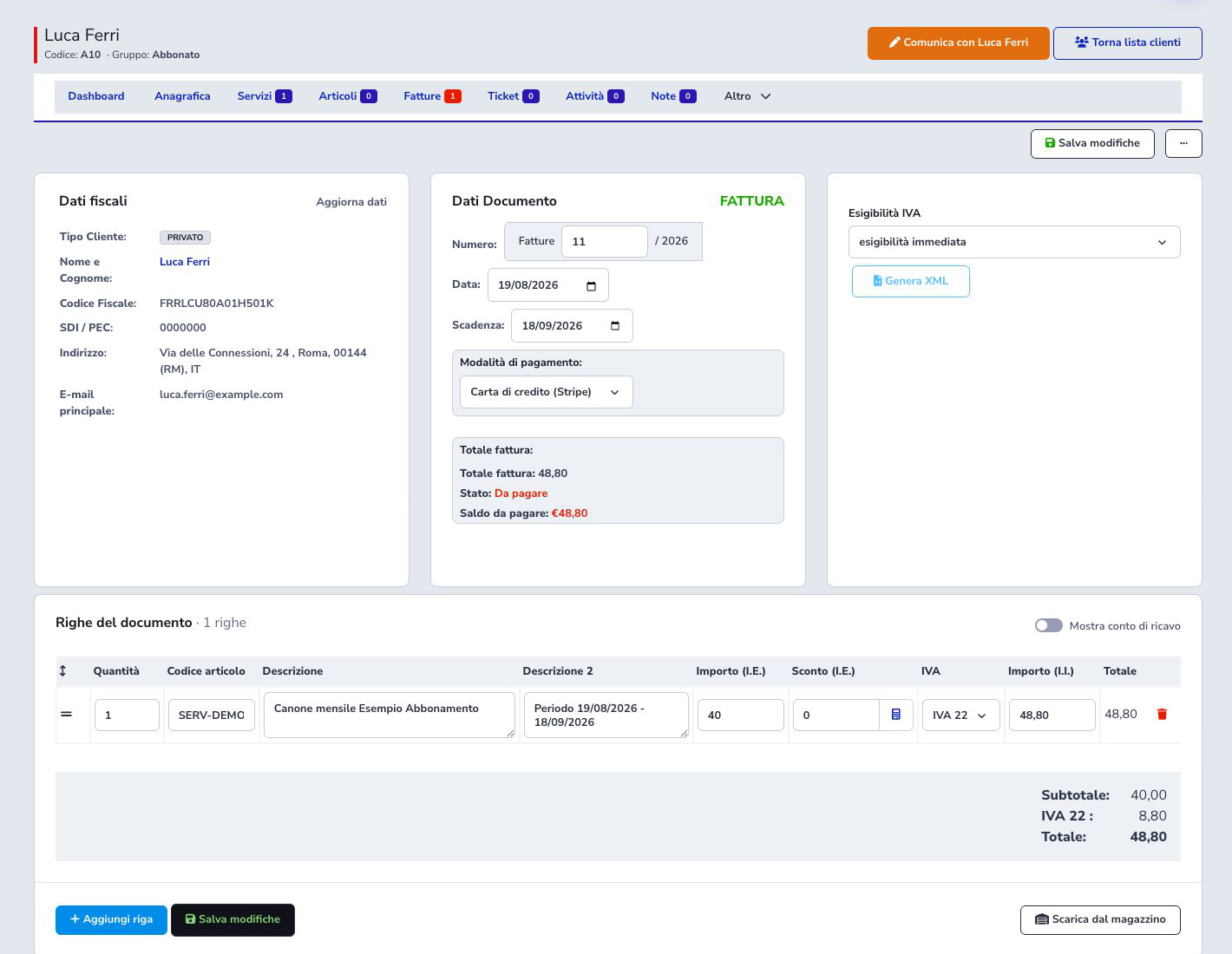 example invoice editor with tax data and total