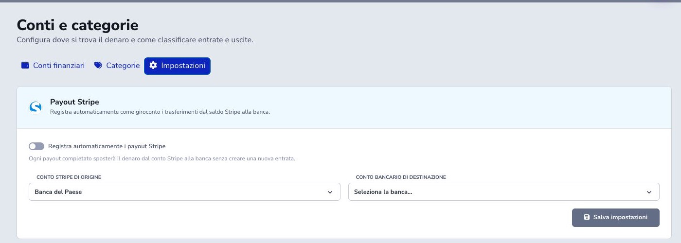 Impostazioni dei payout Stripe