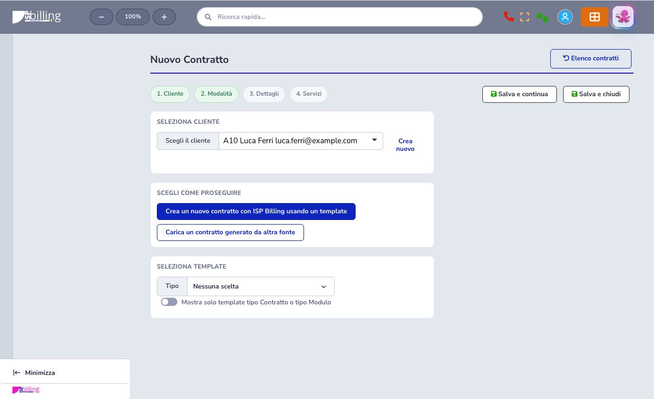 Customer and mode selection in the contract wizard