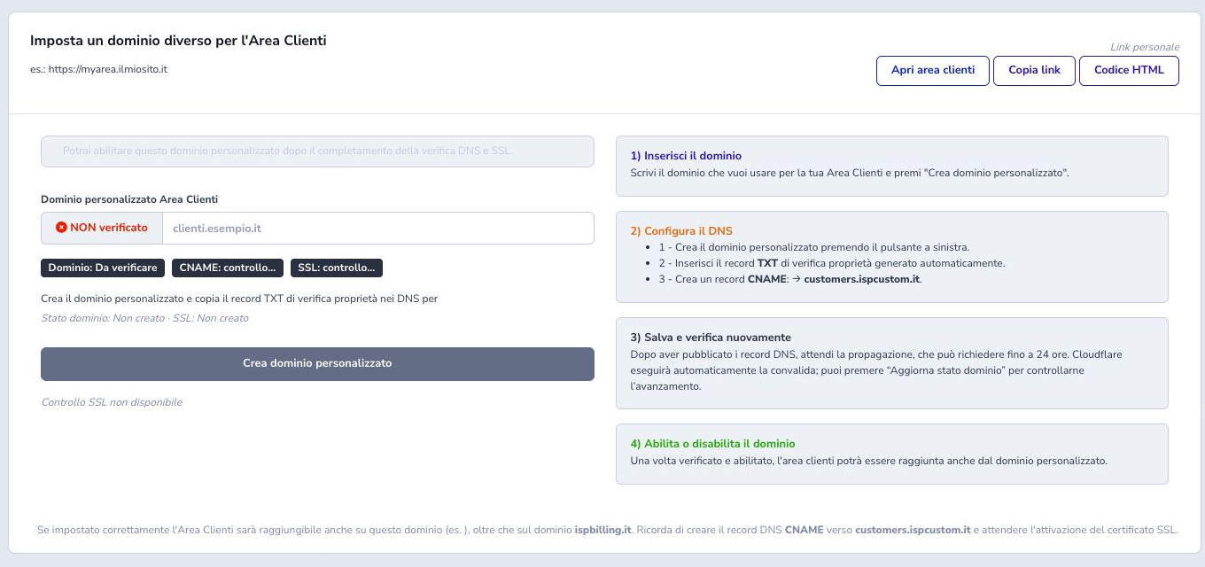Customer Area custom-domain settings