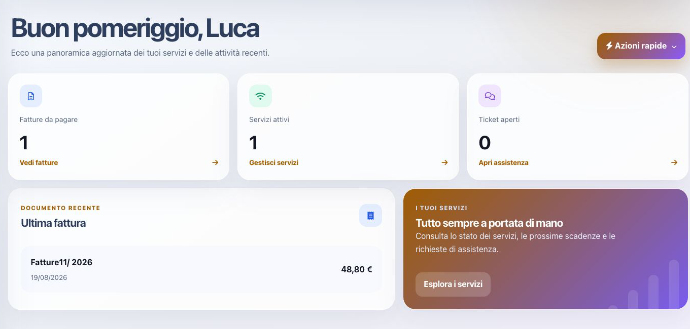 Home reale dell’Area Clienti di prova