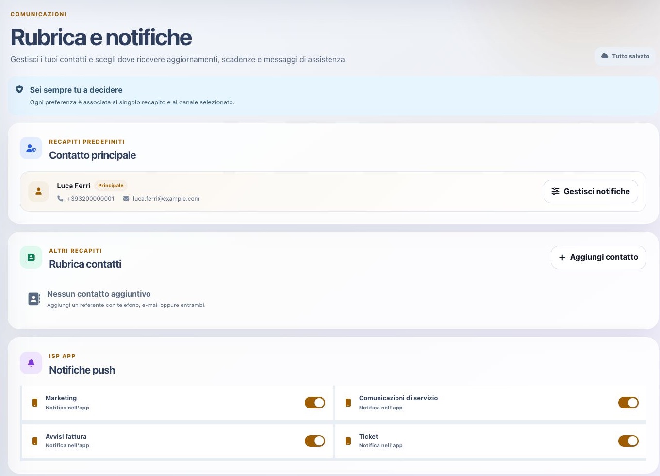 Preferenze delle notifiche nel portale clienti