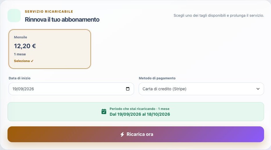 Modulo cliente per ricaricare un servizio
