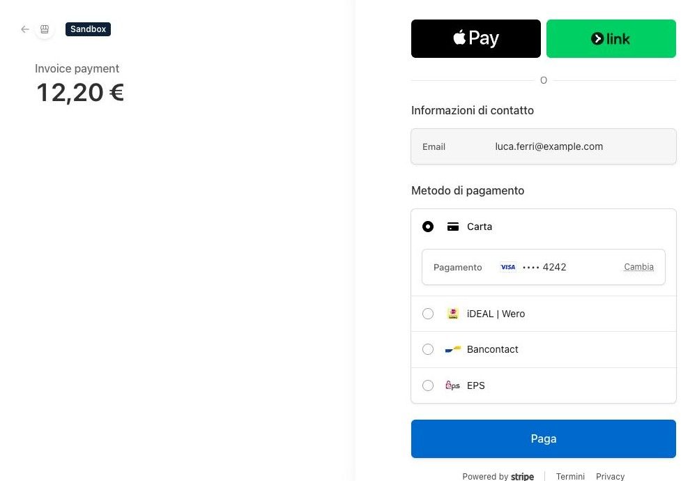 Checkout Stripe per una ricarica