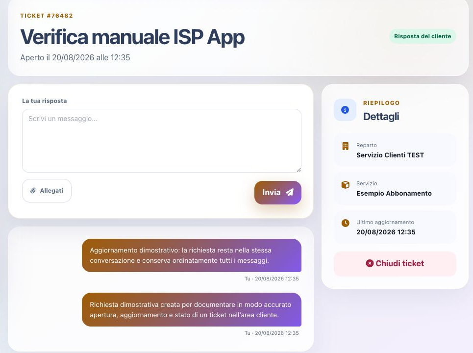 Dettaglio del ticket con conversazione e riepilogo