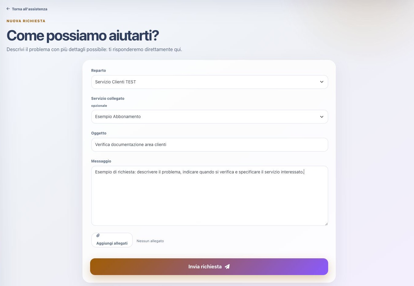 Modulo compilato per una nuova richiesta di assistenza