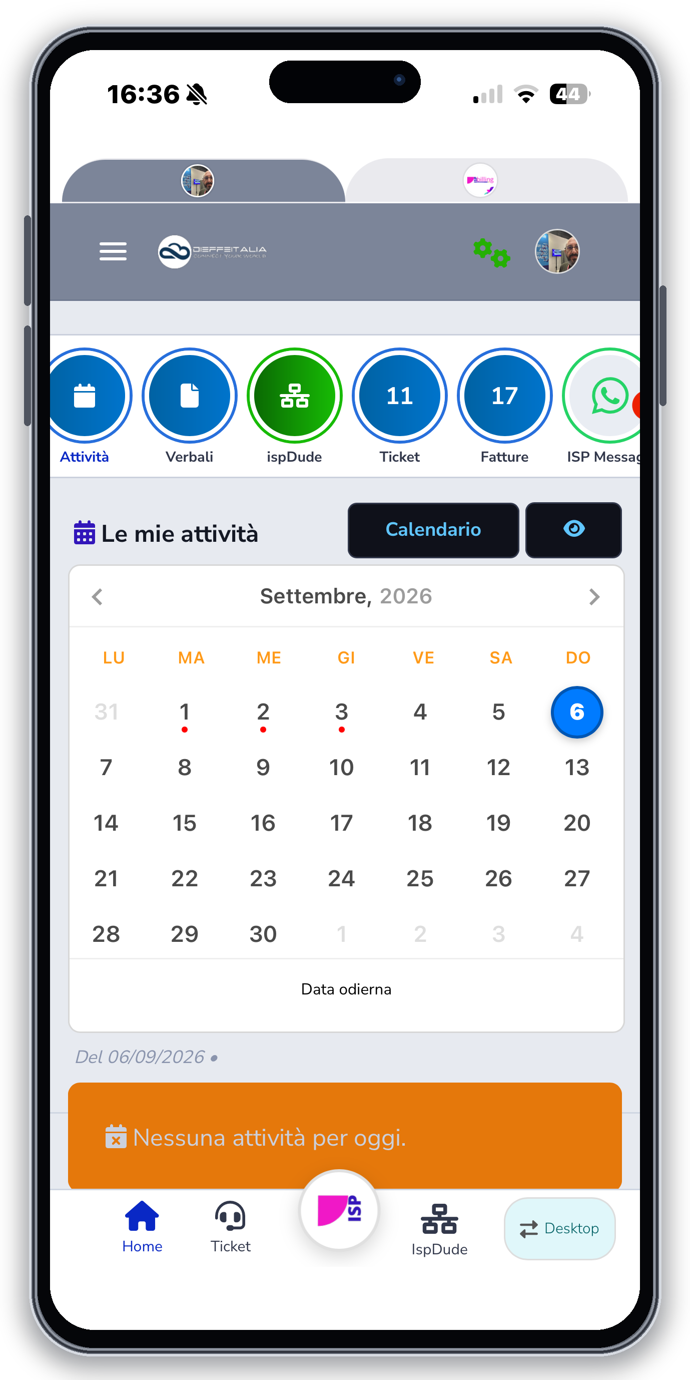 Calendario operativo amministrativo di ISP APP su iPhone 15 Pro