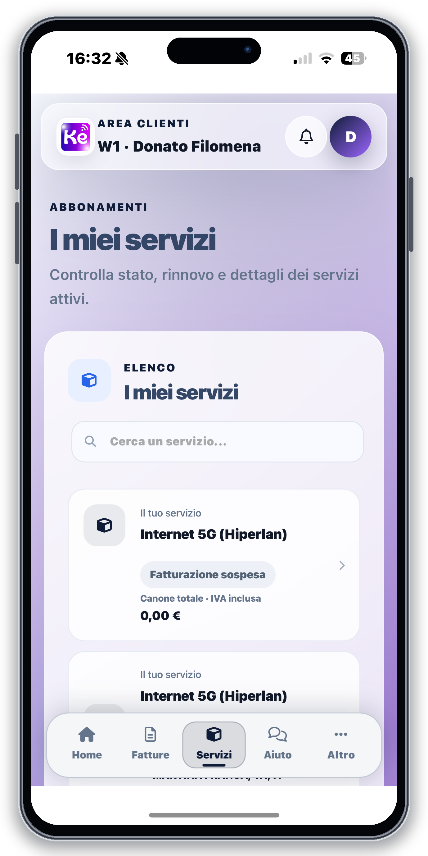 Archivio servizi in ISP App su iPhone 15 Pro