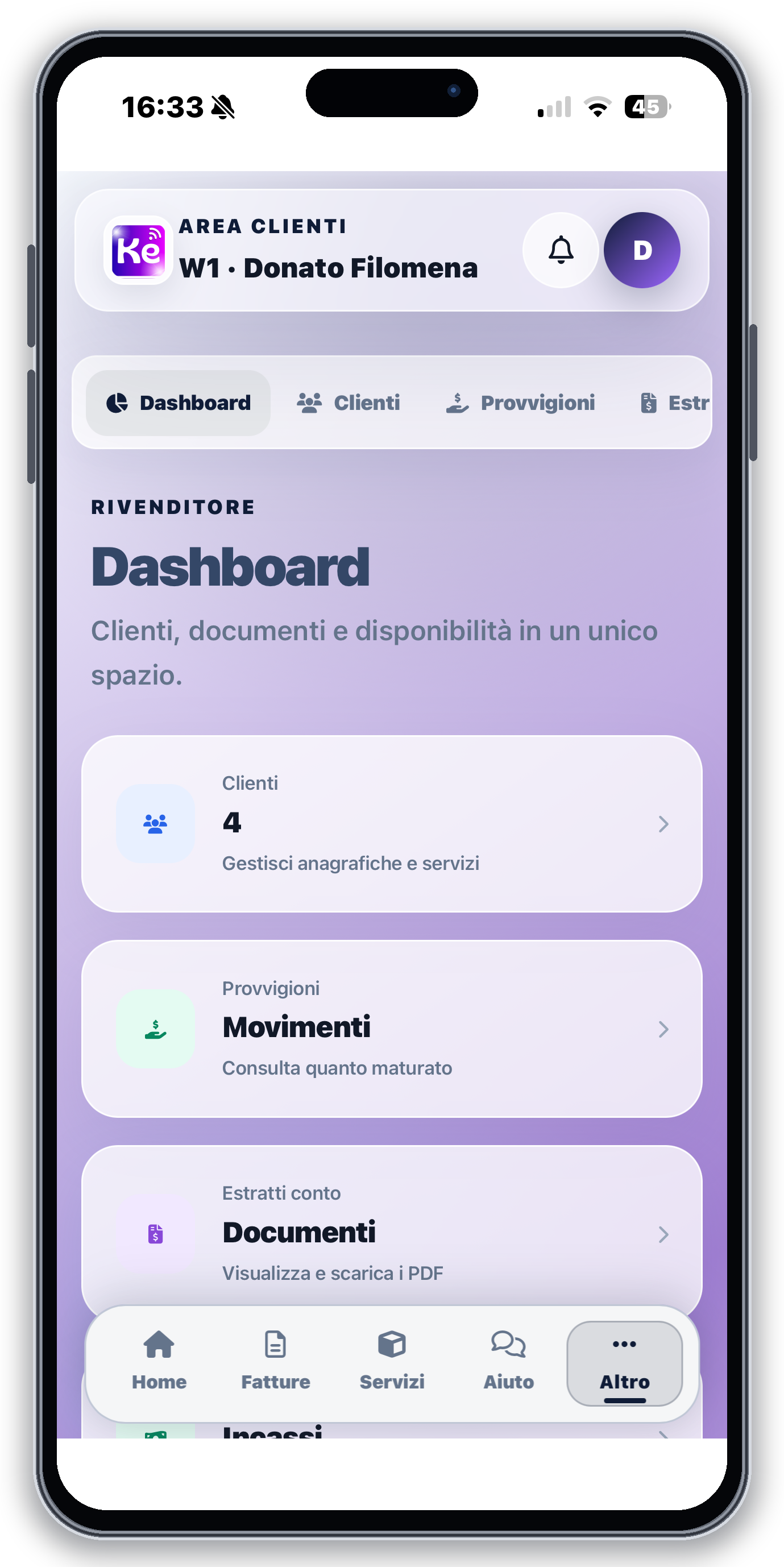 Dashboard rivenditore mobile su iPhone 15 Pro