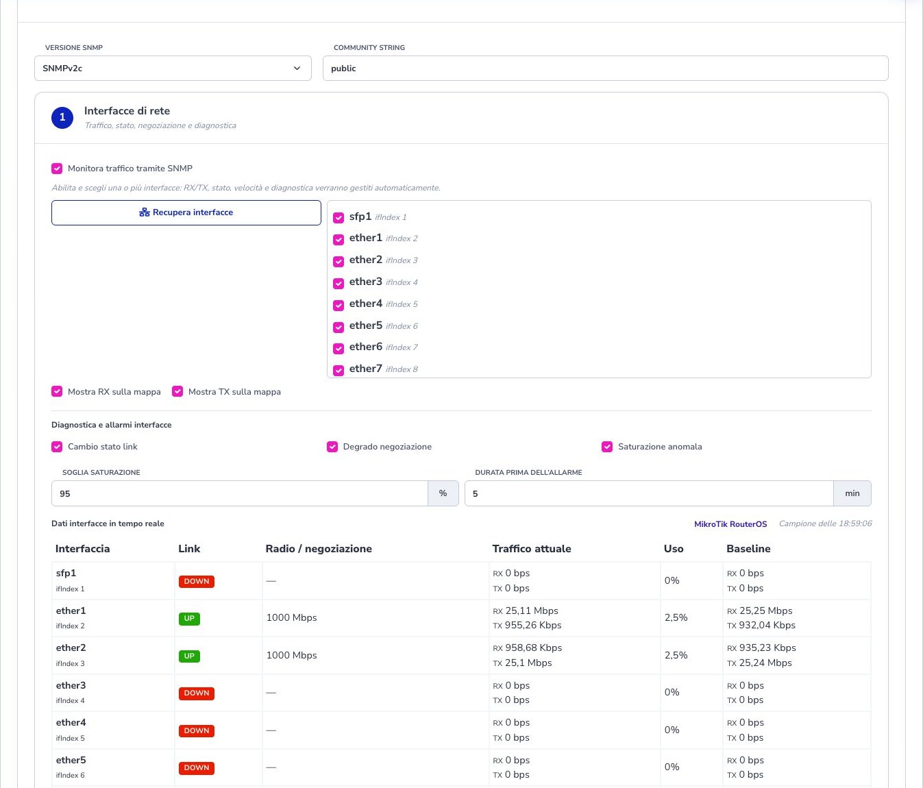 Configurazione SNMP e interfacce ISP Dude