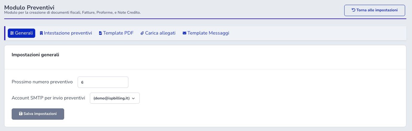 Numerazione e SMTP dei preventivi