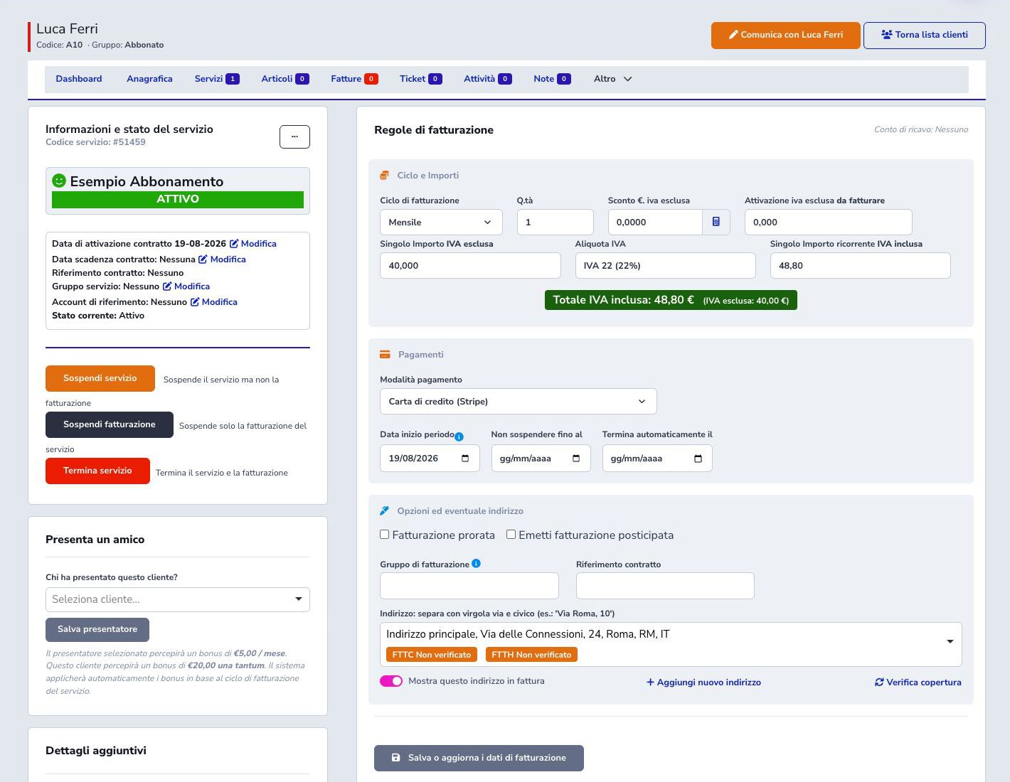 Servizio example attivo e azioni di sospensione o terminazione