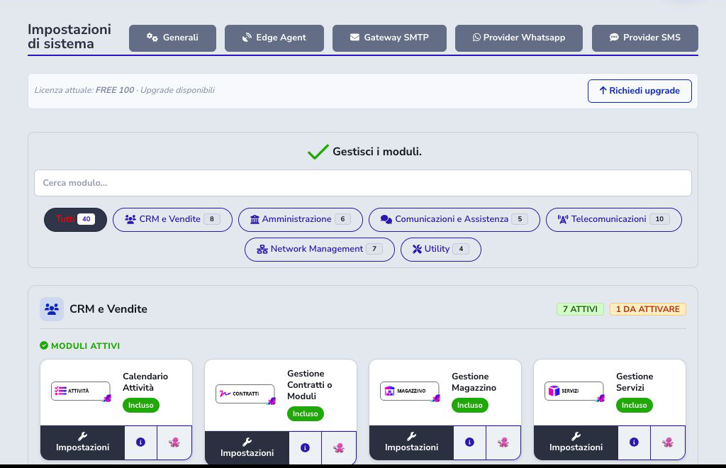 Settings page with module catalogue grouped by category