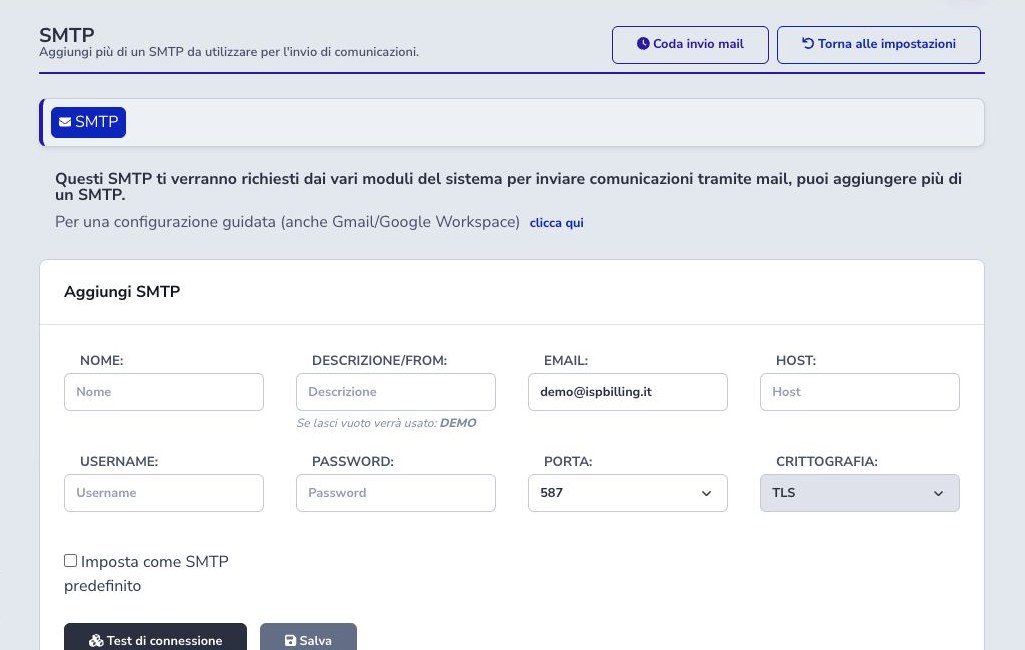 Configurazione SMTP