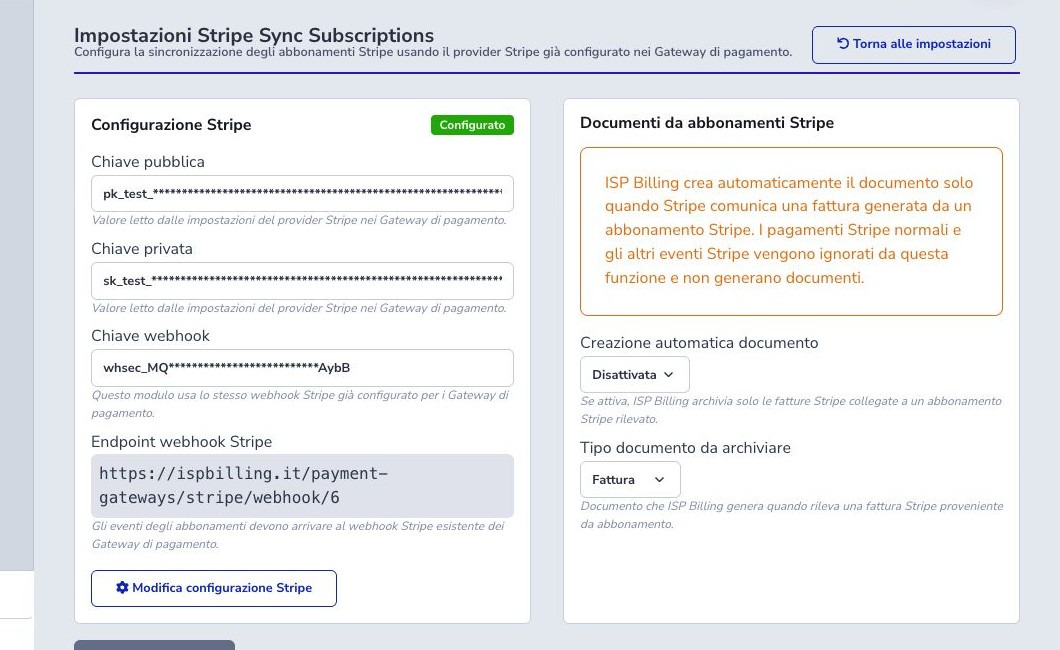 Impostazioni Stripe Sync Subscriptions