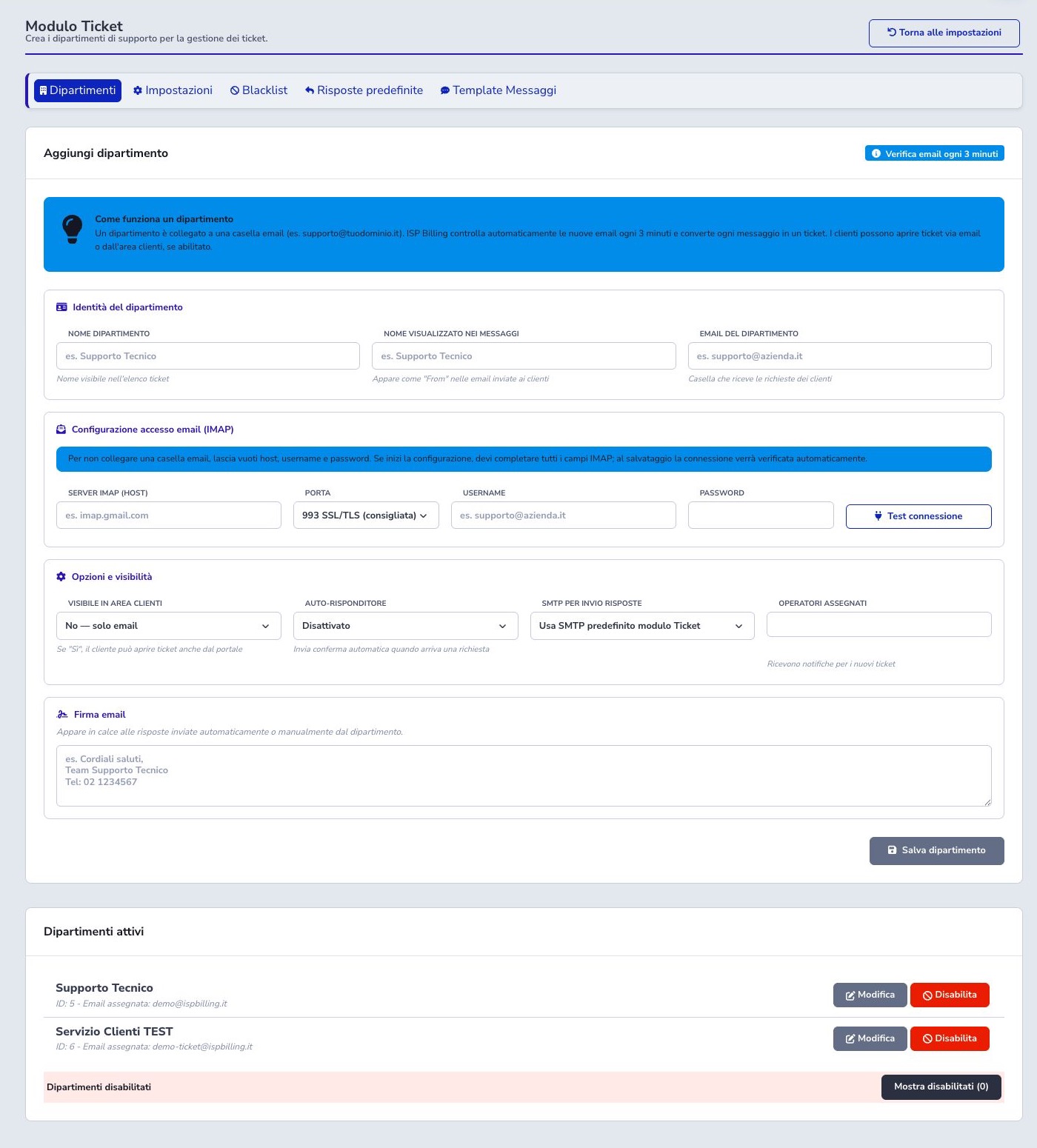 Configurazione dei dipartimenti Ticket
