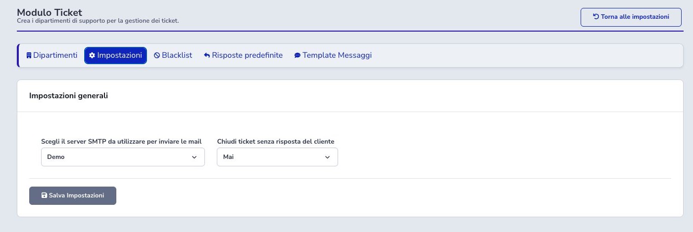 Impostazioni generali del modulo Ticket