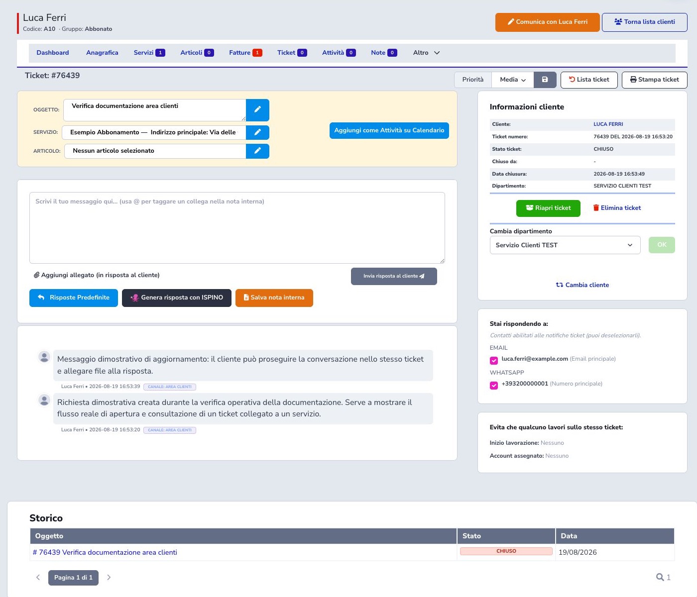 Dettaglio amministrativo del ticket aperto dall’Area Clienti