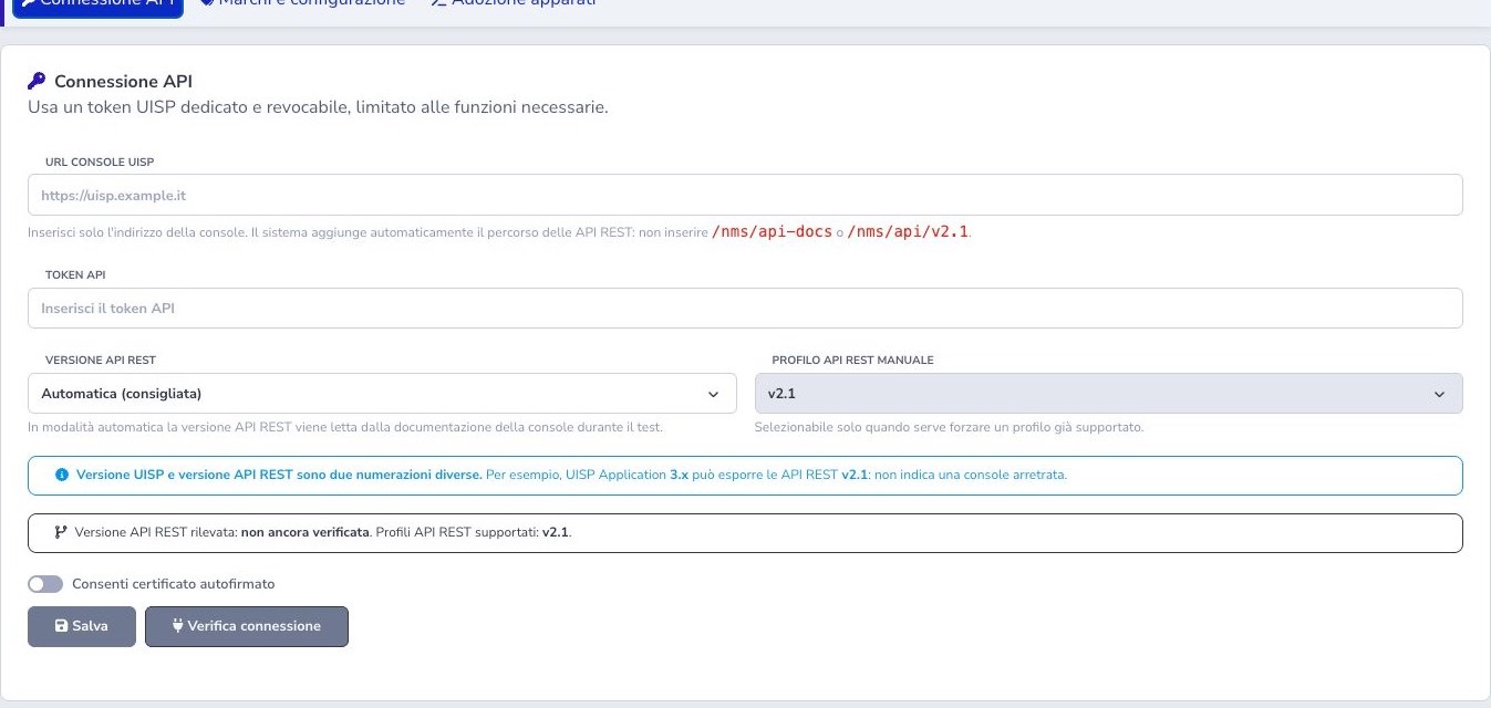 Configurazione della connessione API UISP